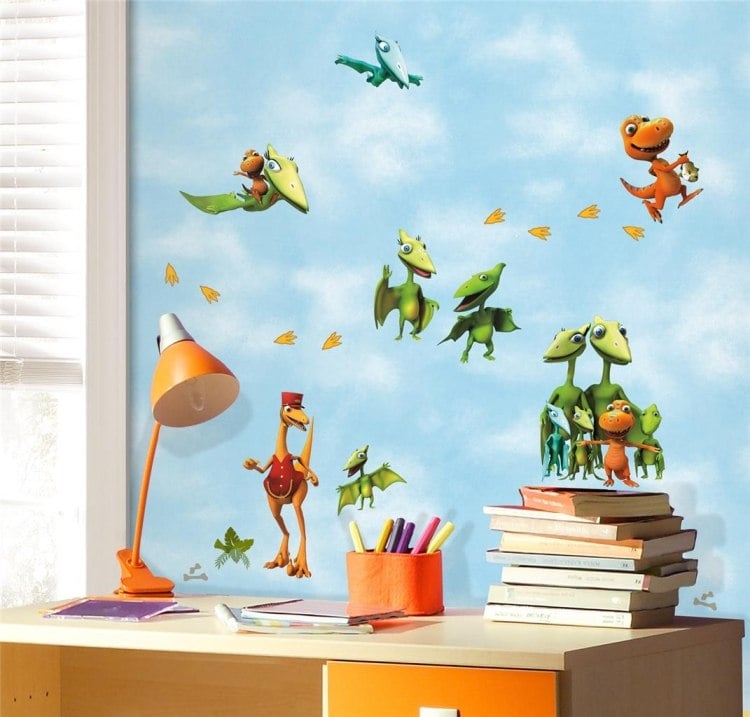 Wandtattoo-im-Kinderzimmer-Saurier-Schreibtisch-Wand-deko-Ideen-jungenzimmer