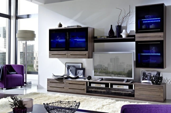 Wohnwand moderne Wohnzimmer LED-Beleuchtung Glaswände Mediaschrank