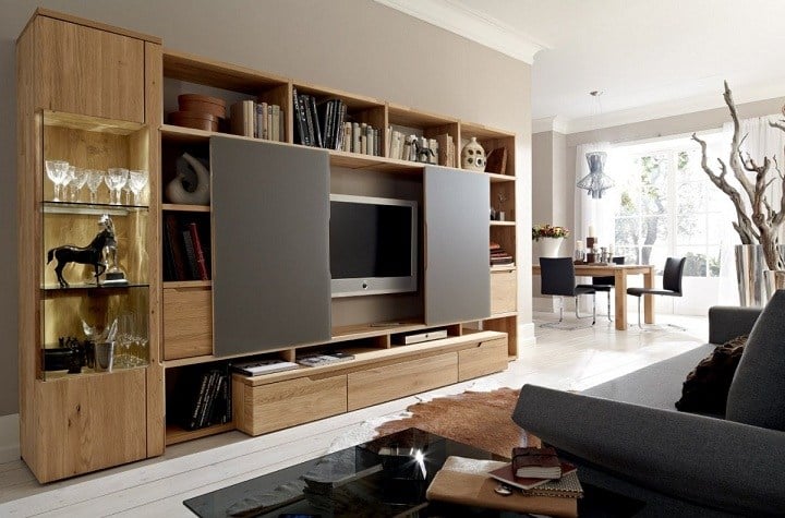 Wohnwand moderne Wohnzimmer Mediawand Schranktüren Naturholz