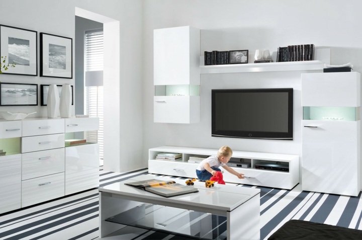 Wohnwand moderne Wohnzimmer weiß Hochglanz Wandschrank Fernseherschrank