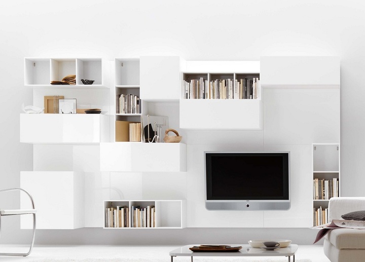 Wohnwand moderne Wohnzimmer weiße Farbe Schubladen Einsteckkasten