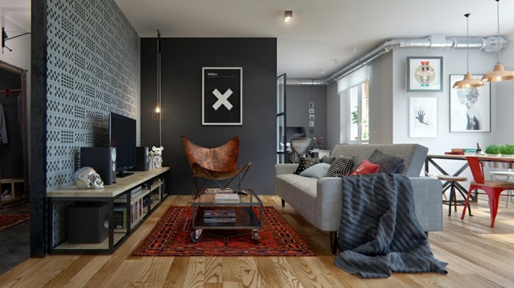 Wohnzimmer Ideen 2015 Anthrazit Graue Wand Leder Polsterung Stuhl