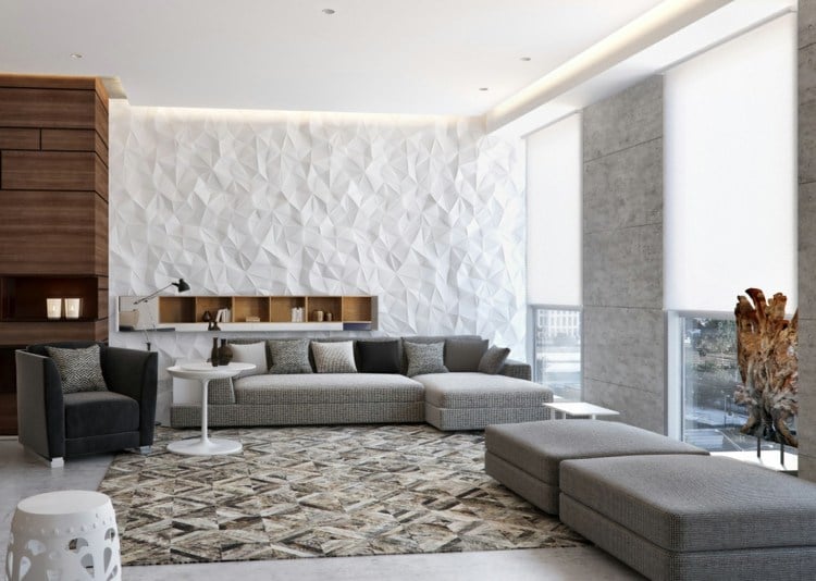 Wohnzimmer Ideen weiße Wand Textur Teppich graue Polstermöbel