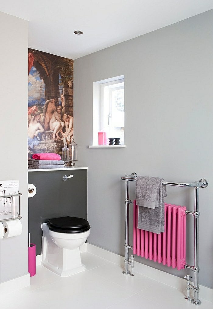 badezimmer design toilette pinke heizung rosa wandbild