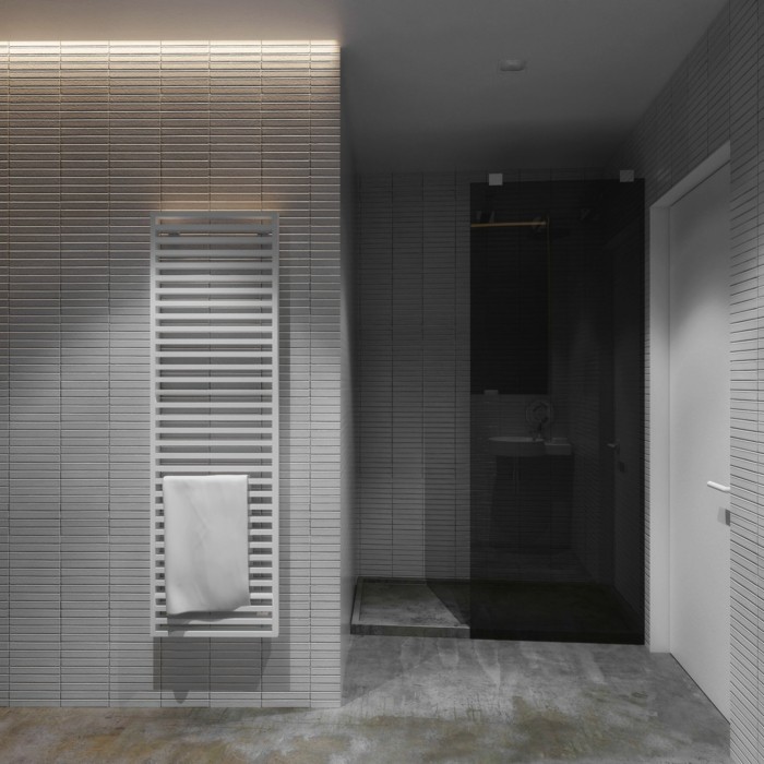 badezimmer dusche heizung schwarzes glas design idee