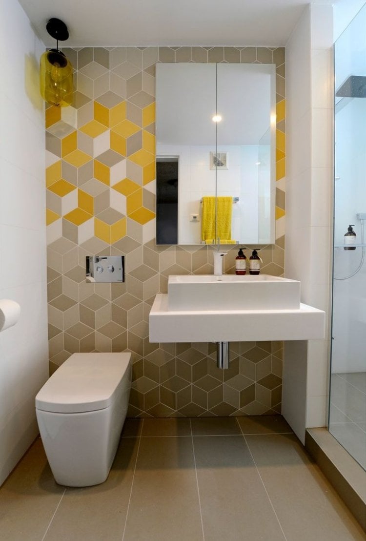 Beispiele für Badezimmer Fliesen -geometrische-muster-kuben-grau-gelb