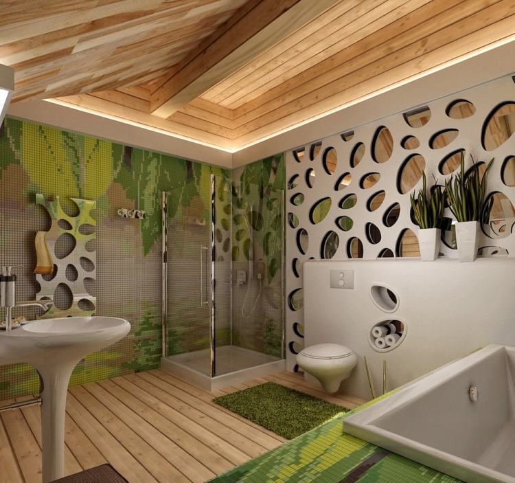 Badezimmer Ideen 2015 deckenbeleuchtung-wandpaneele-mosaik-blatter-kunstwerk