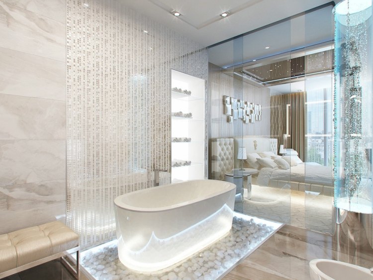 Badezimmer Ideen 2015 glaswand-schlafzimmer-freistehende-badewanne-led-beleuchtung