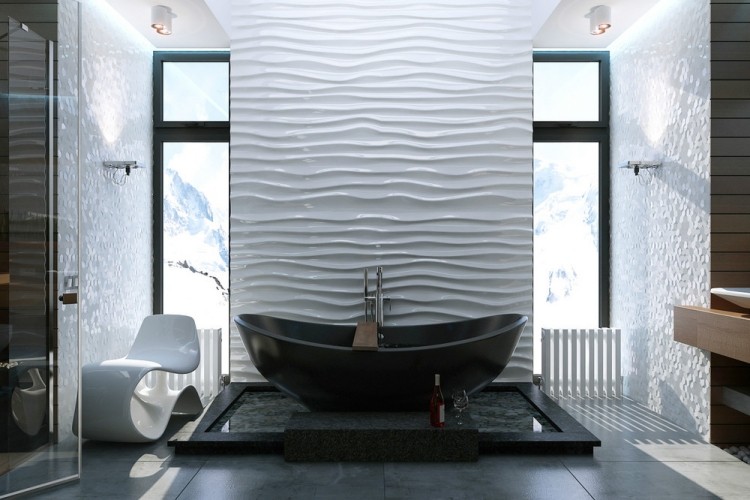 Badezimmer Ideen 2015 -schwarze-freistehende-badewanne-3d-wandplatten