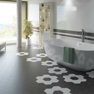 badezimmer ideen modern fussboden design schwarz weiss hexagramm blumen