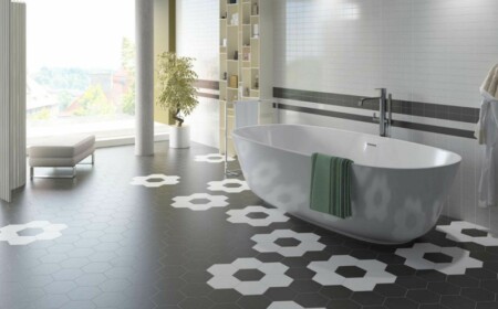 badezimmer ideen modern fussboden design schwarz weiss hexagramm blumen