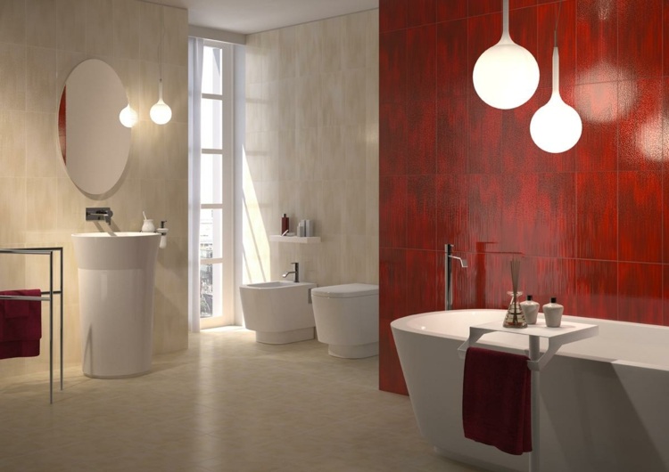 beispiele für badezimmer fliesen rot-wand-weiss-badewanne-lampen-modern