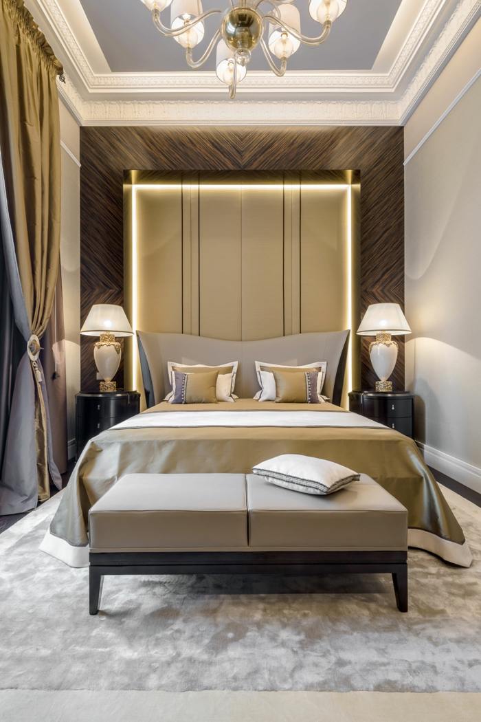 bett schlafzimmer tagesdecke teppich elegant luxus indirekte beleuchtung