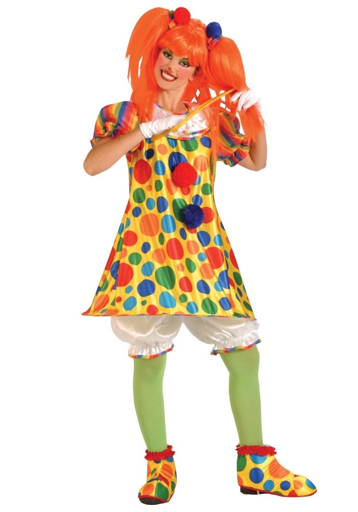 clown-kostüm-klassiker-für-damen-gepunktet-fasching-bunt-rote-perücke