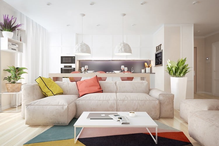 dekorationsideen-wohnzimmer-creme-sofa-weisser-couchtisch-teppich-bunt-geometrisch