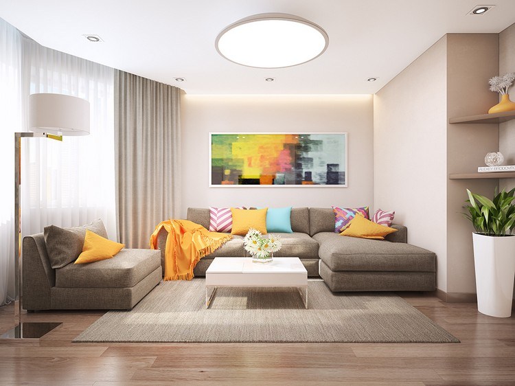 dekorationsideen-wohnzimmer-creme-wandfarbe-braunes-sofa-gelbe-akzente-kissen-wandbild