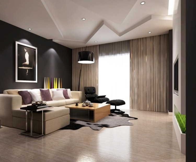 dekorationsideen-wohnzimmer-deckengestaltung-abgehangte-decke-schwarze-wand