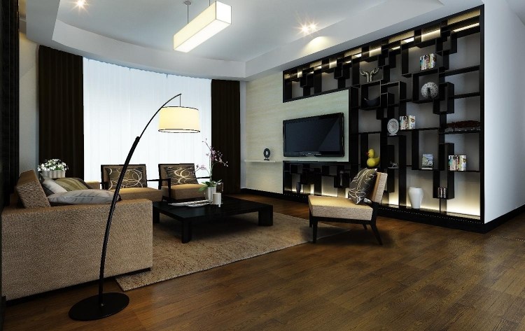 Dekorationsideen für das Wohnzimmer -schwarze-wohnwand-regalsystem-dekorativ-led-hinterbeleuchtung