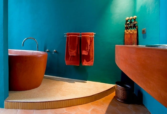 design badezimmer toskanisch mediterran mexikanisch türkis orange arabisch