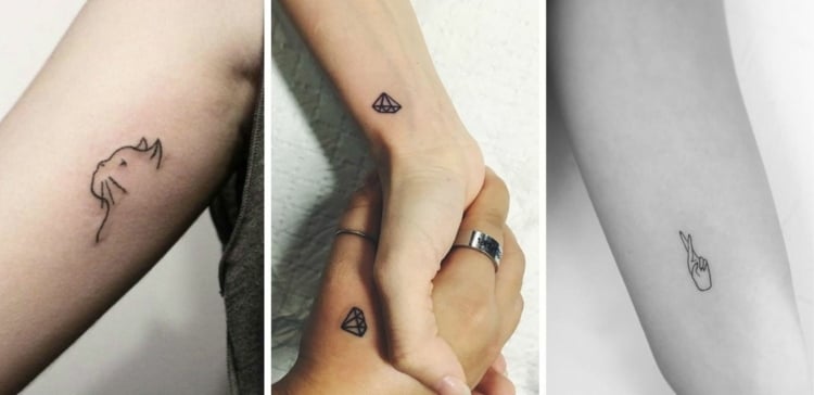 dezente tattoo ideen für frauen katze-diamant-partner-peace-finger