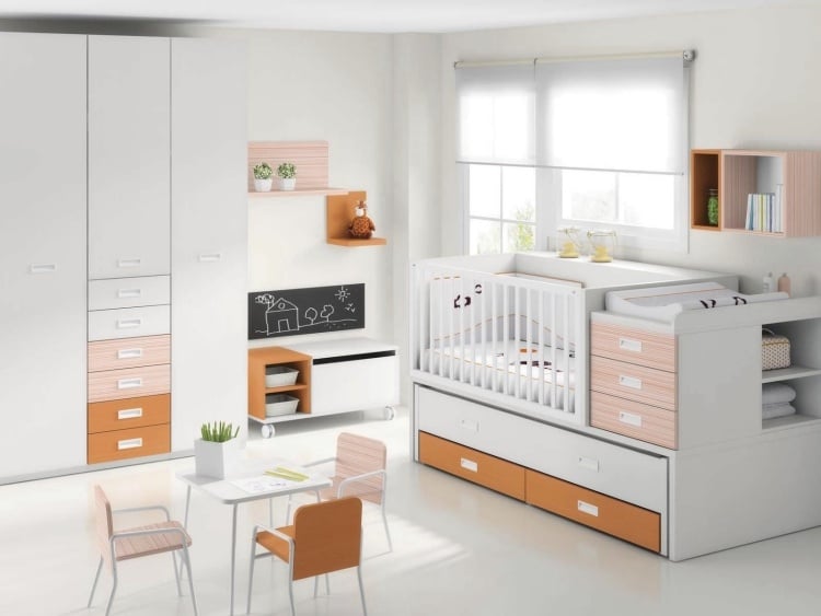 erweiterbares-babybett-orange-weiss-stauraum-modern
