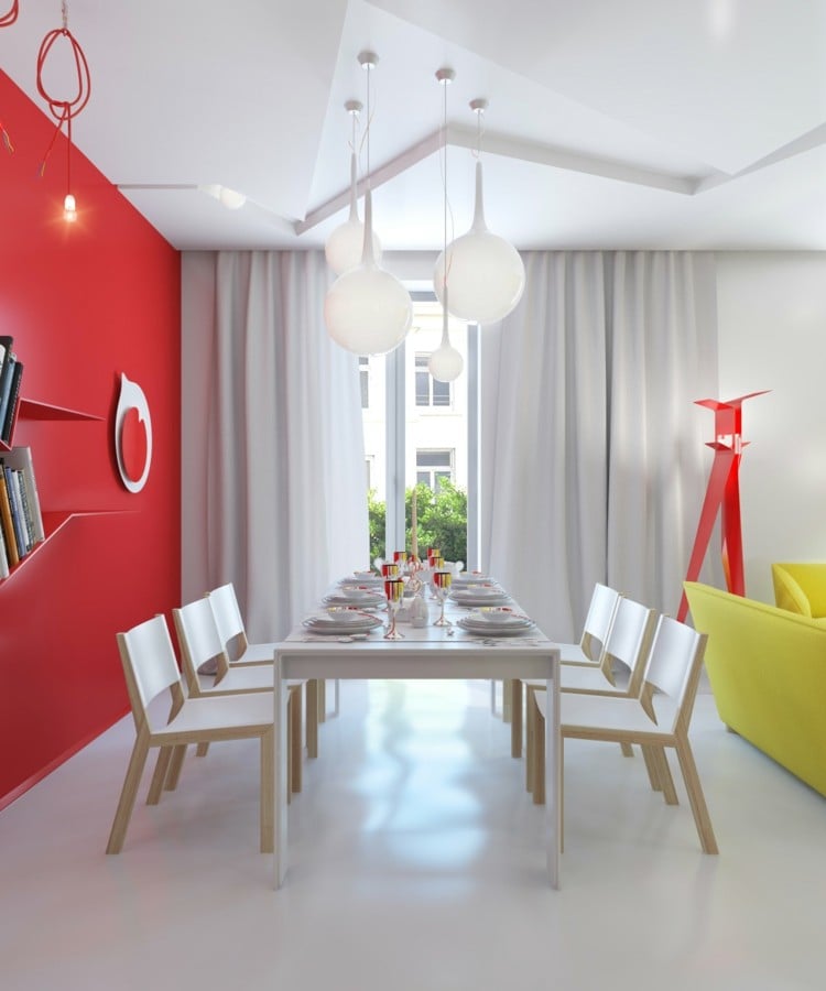 esszimmer in rot weiss-moebel-idee-vorhaenge-gelb-sofa