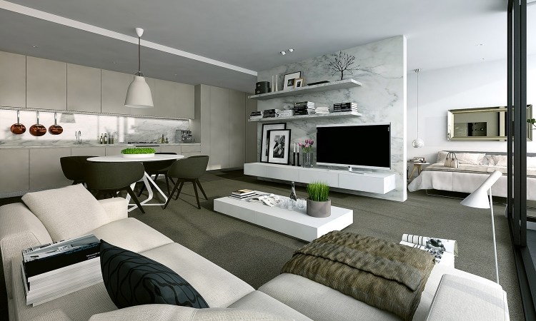 farbtrends-2015-innendesign-loft-stil-grifflose-küche-marmor-trennwand-weiß