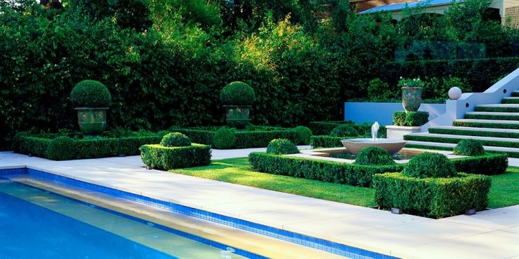 garten-design-französischer-stil-poolbereich-niedrige-heckenpflanzen