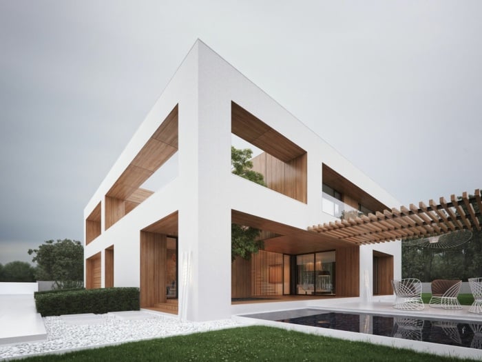 haus block form modern terrasse eingang grünfläche