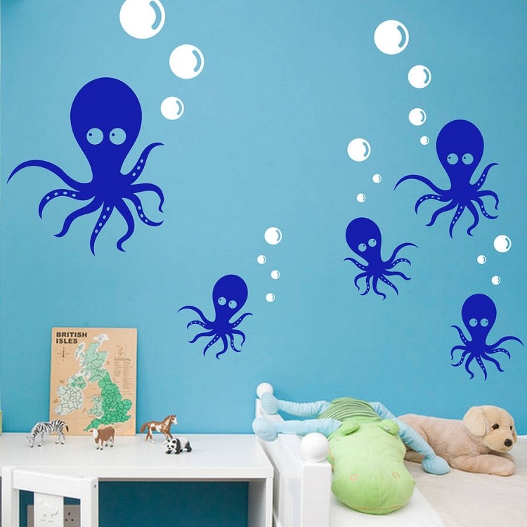 ideen-Wandtattoo-im-Kinderzimmer-jungs-Kraken-Ozean-Thema-Wandfarbe-Blau