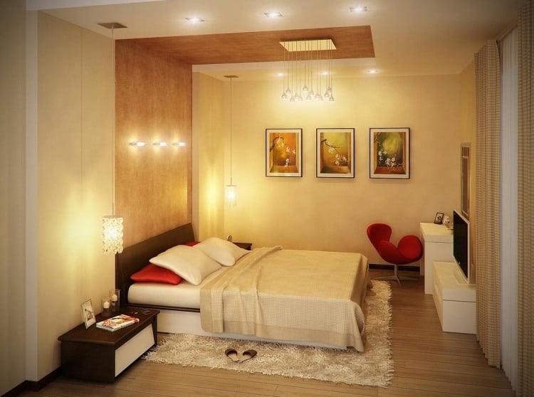 kleine-schlafzimmer-modern-beleuchtungskonzept-creme-wandfarbe