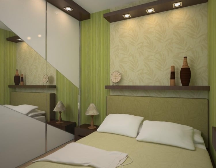 kleine-schlafzimmer-modern-einbau-kleiderschrank-spiegeltuer-gruen-toene