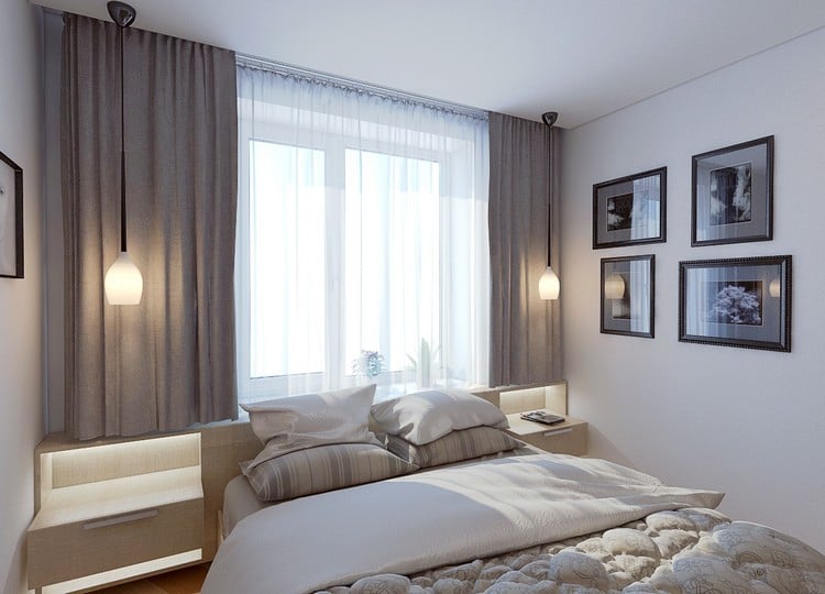kleine-schlafzimmer-modern-gestaltet-pendelleuchte-neutrale-farben-led-leisten-nachttische
