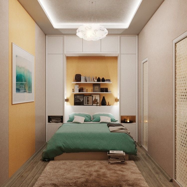kleine-schlafzimmer-modern-gestaltet-schrank-hinter-bett-regale-indirekte-deckebeleuchtung