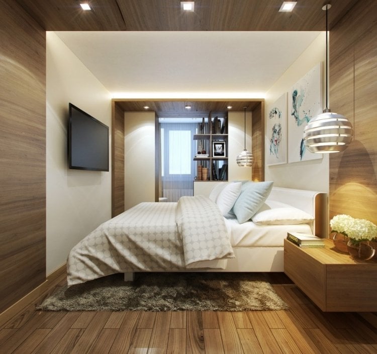 kleine-schlafzimmer-modern-holz-wandpaneele-einbauleuchten