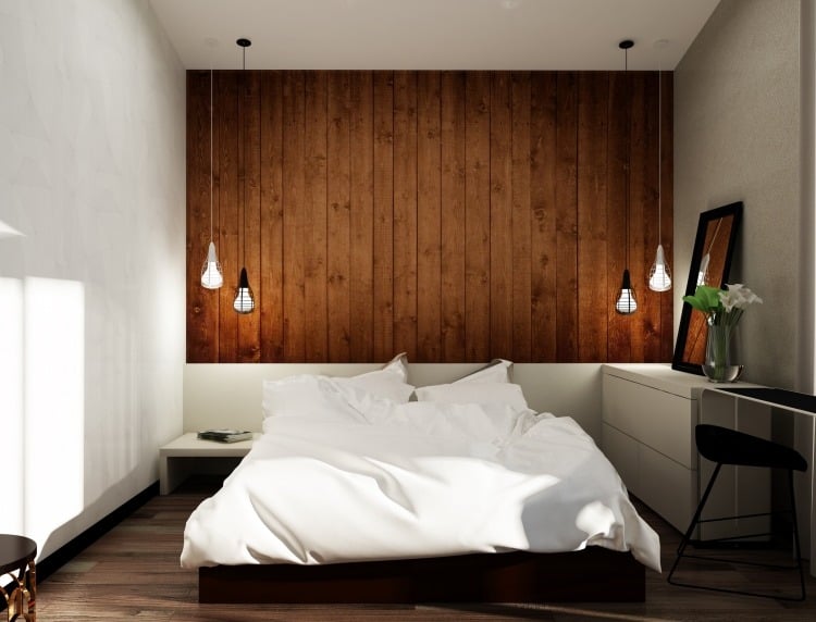 kleine-schlafzimmer-modern-holz-wandverkleidung-betthaupt-regale