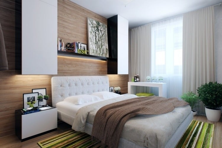 kleine schlafzimmer modern-holz-wandverkleidung-led-leisten-gruene-pflanzen-teppich