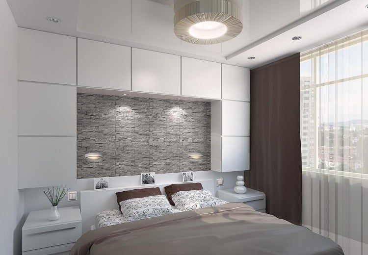 kleine schlafzimmer modern weisse-schranke-bett-graue-verblendsteine-deko