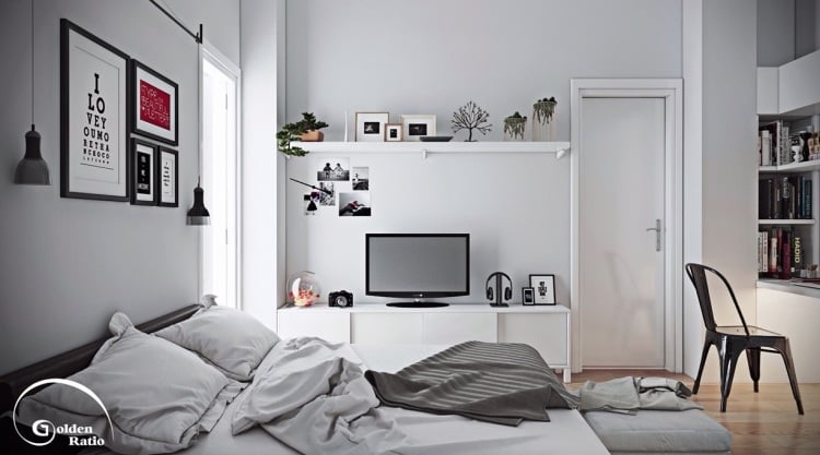 kleines-schlafzimmer-graue-wande-weisse-moebel-tv-sideboard