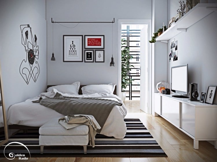kleines-schlafzimmer-graue-wandfarbe-weisse-moebel-schwarze-deko