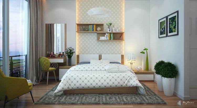 kleines-Schlafzimmer Ideen-modern-indirekte-wandbeleuchtung-holz-wandregale