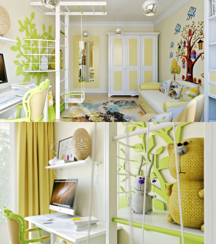 moderne-Kinderzimmergestaltung-Ideen-Limettengrün-Baum-Motive