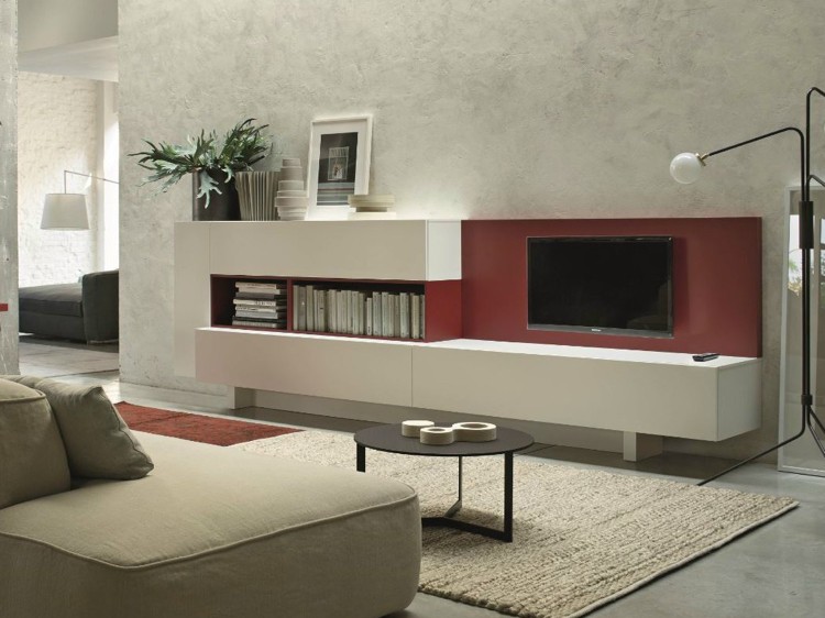 moderne-wohnzimmermoebel-stauraum-regaschrank-weiss-wandfarbe-rot-design-gestaltung