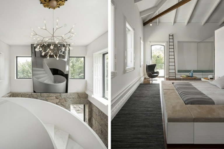 moderner Landhausstil dunkler Holzboden Schlafzimmer Wendeltreppe Dachschräge