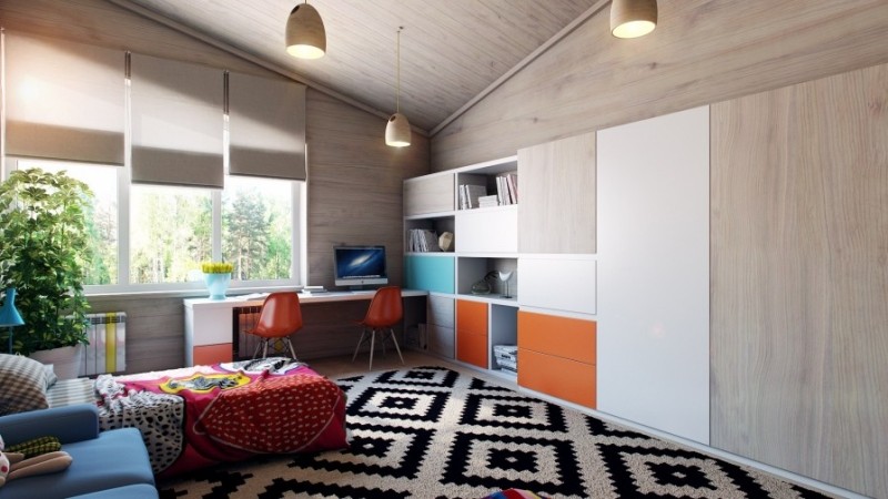 modernes-Kinderzimmer-für-Jungen-2015-Farben-ideen-schwarz-weiß-teppichboden