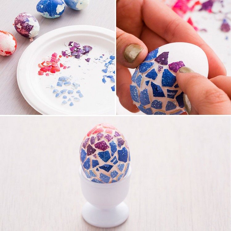 Ostereier dekorieren mosaik-effekt-eierschale-stuecken-darauf-kleben
