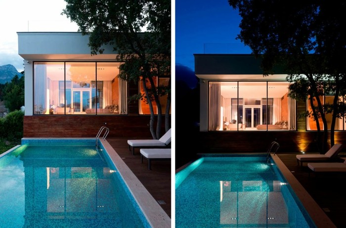 poolbereich nacht beleuchtung patio blaues design mosaik