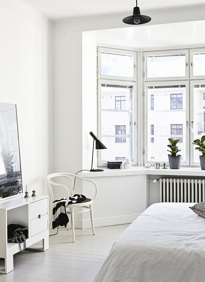 schlafzimmer design skandinavischer stil bett stuhl weiß
