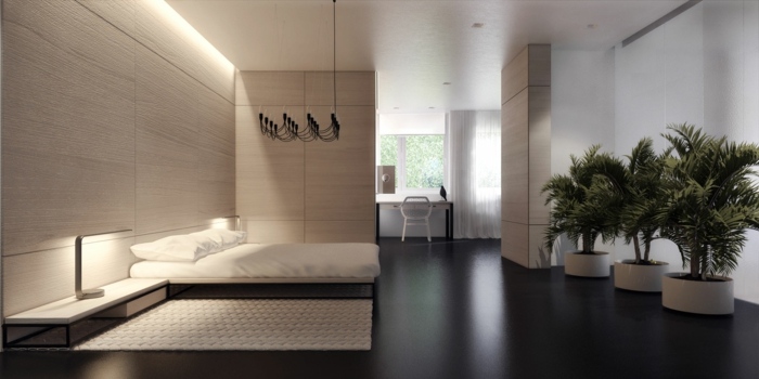schlafzimmer design weiß creme pflanzen fußboden schwarz