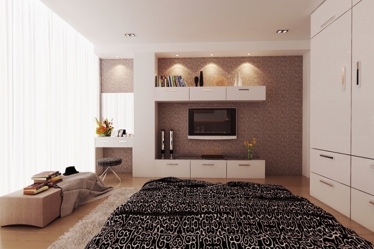 schlafzimmer-ideen-beige-weiss-farben-wohnwand-wand-montierter-fernseher